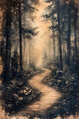Obraz premium A serene path through enigmatic woods discovering nature's secrets in a misty forest landscape