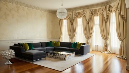 Obraz premium Cozy living room featuring scenic wallpaper and modern finishes