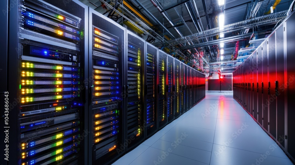 Poster data center infrastructure with neatly arranged servers
