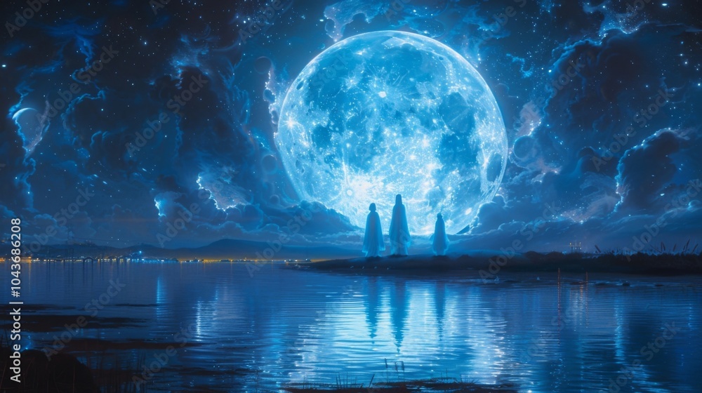 Poster a peaceful lake reflecting the image of a full moon and surrounded by ethereal beings playing music 