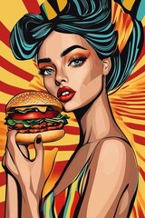 girl with a hamburger, pop art style 