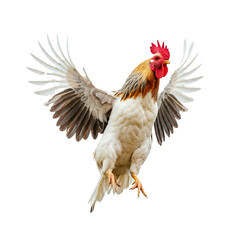 Flying rooster, jumping chicken isolated on white background