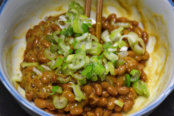 Japanese natto is fermented soybeans with a sticky, slimy texture and strong aroma, known for its...