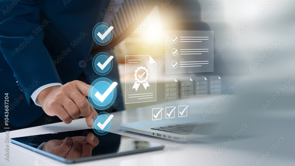 Poster professional setting involving digital verification, checklists, certifications, and document manage