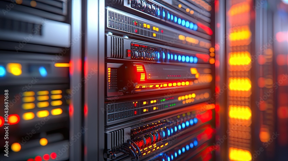 Poster modern data center server racks with colorful lights