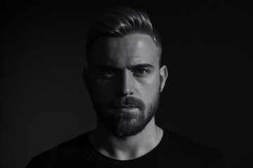 Obraz premium Intense Gaze: A close-up portrait of a man with a determined expression, his dark beard and piercing eyes captivating the viewer in a dramatic black and white photograph.