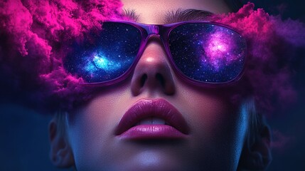 Surreal Portrait of a Woman with Galaxy Glasses