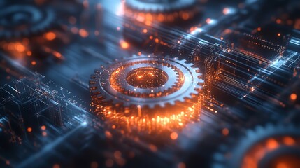 Obraz premium 3D Abstract Background of Gear Mechanism with Orange Lights
