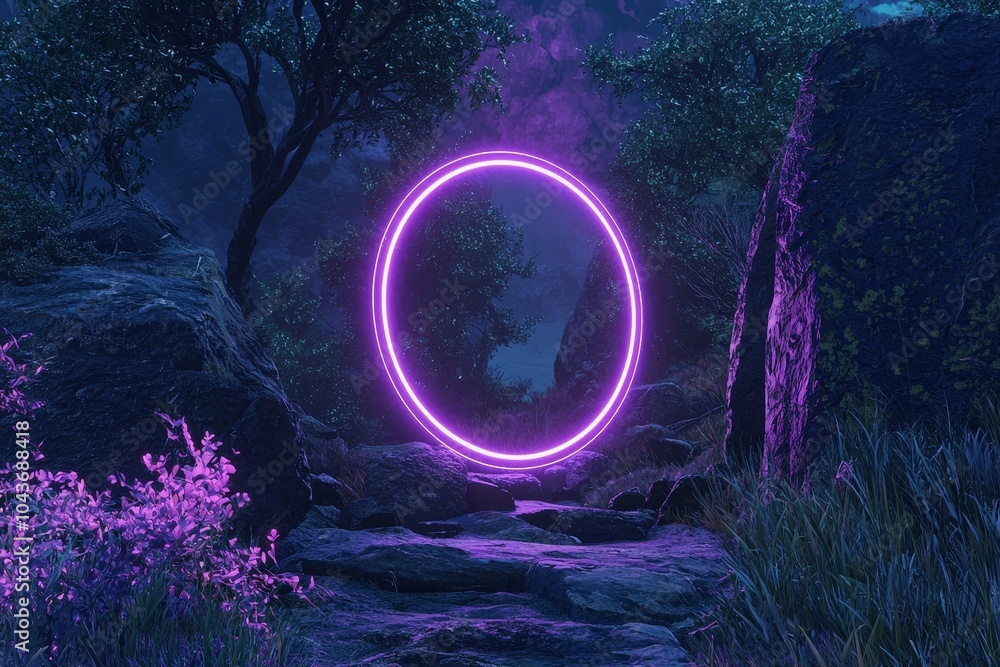 Poster light effect of spectrum light on abstract portal stone gate in dark wood forest space landscape of 