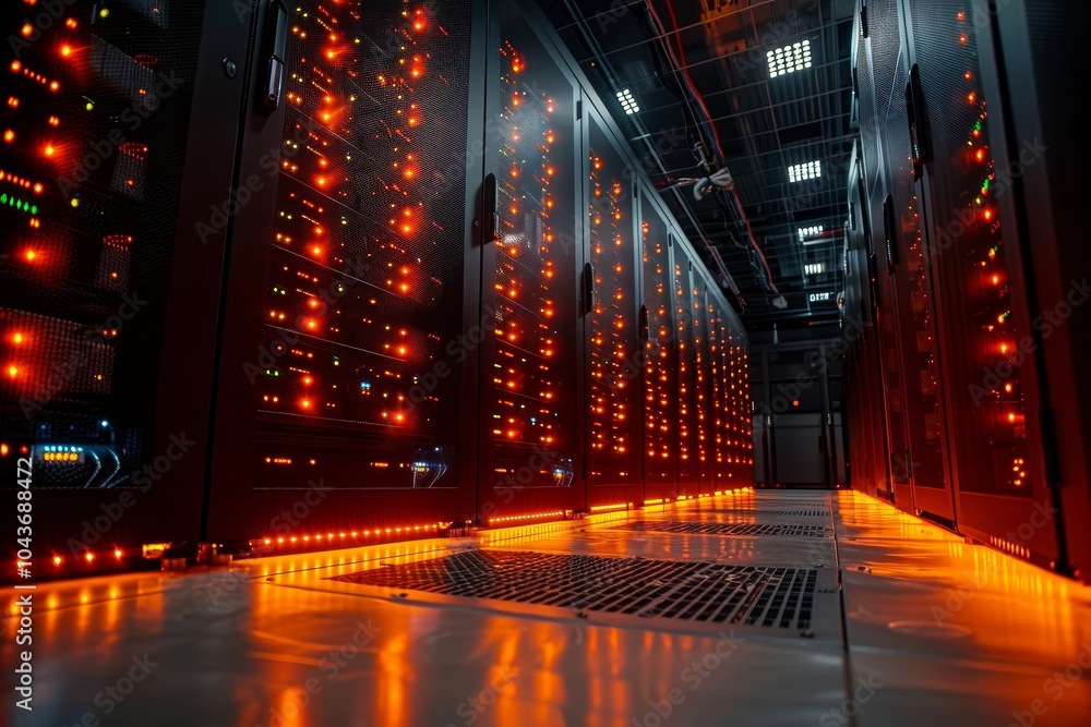 Poster rows of server racks glow with vibrant orange lights in a darkened data center.