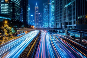Obraz premium X-ray aerial image of a traffic jam on a multi-lane highway, with a speed light trail behind the car, an expressway road junction in the metropolis city center at night.