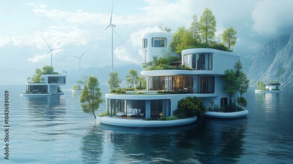 Poster unique floating homes are nestled on tranquil waters, adorned with vibrant greenery and complemented