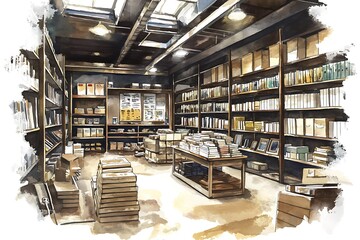 Obraz premium Watercolor Illustration of a Vintage Bookstore Interior.