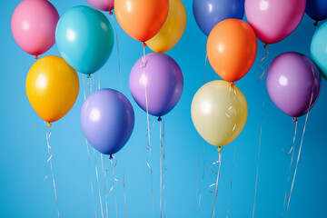 Obraz premium Balloons in different shapes float on a bright blue backdrop