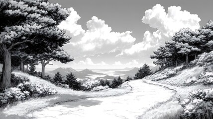 A winding road leads through a forest up to a vista overlooking a valley with mountains and a lake. The sky is a hazy blue with white clouds.