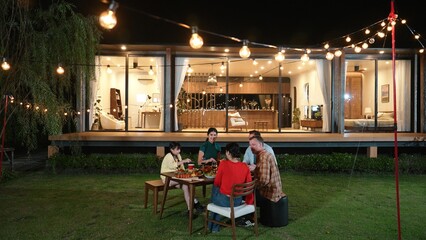 Family gather celebrate holiday. Parents, grandparents and girl together to talk and have dinner...