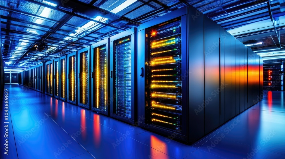Poster high-tech data server racks in advanced facility