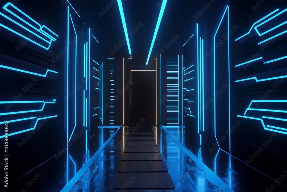 Leinwandbilder An industrial data server warehouse with neon light trails, futuristic digital tech concepts, data networks and connections, as well as internet communications, powered by generative stock.