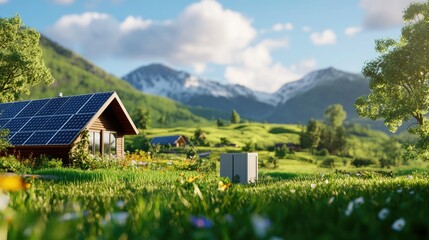 Fototapeta premium Solar Powered Cottage with Energy Storage in Nature
