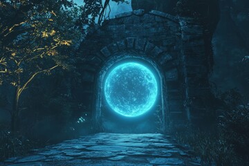 Fototapeta premium A majestic abstract portal stone gate with neon light in a cosmic, rocky mountain stone field, with spectrum light effect and generative stock (AI).