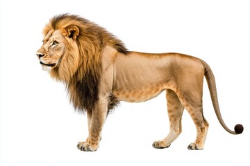 Obraz premium A portrait of a lion leo searching at the camera isolated on a transparent background, in an African savanna, looking at the camera.