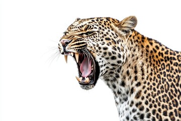 Fototapeta premium Panthera pardus looking at camera, roaring leopard or cheetah in a transparent background