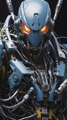 Fototapeta premium A highly detailed, futuristic robot with glowing red eyes, showcasing intricate mechanical components and advanced cybernetic design
