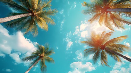 Palm trees against a bright blue sky with white clouds.