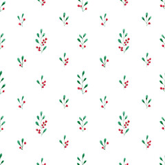 Christmas holly berry background. Seamless watercolor pattern with holly berries branches and leaves illustration for wrapping paper, textile, fabric, holidays decor