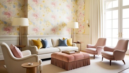 Elegant living room featuring modern wallpaper and chic furniture accents