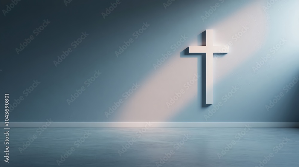 Poster minimalist depiction of a cross on a pale wall, with soft illumination creating a calm and contempla