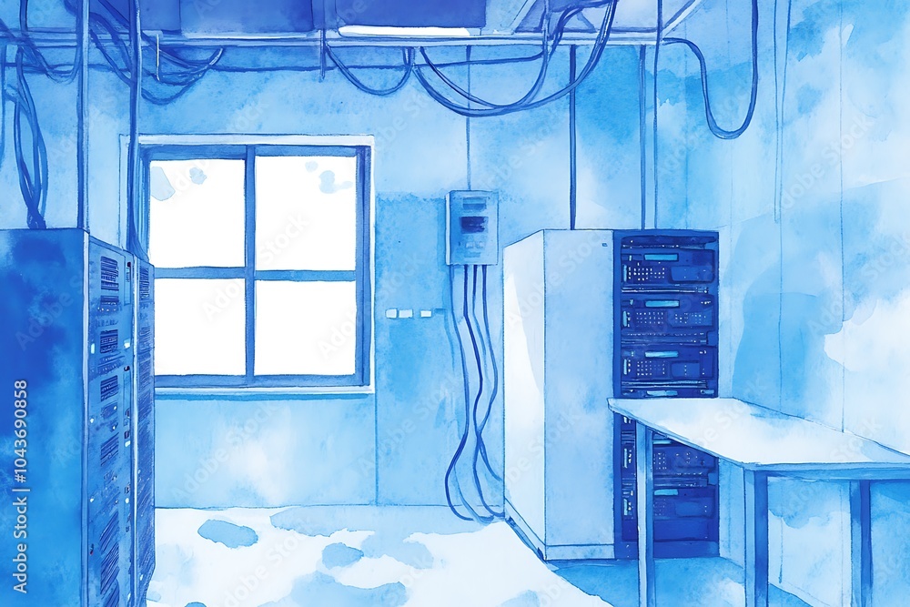 Sticker Blue Watercolor Illustration of a Server Room with a Window.