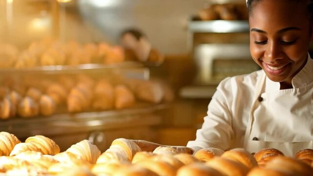Cheerful female African American baker arranging freshly baked bread on display. Smiling baker working with warm golden pastries in bakery.
