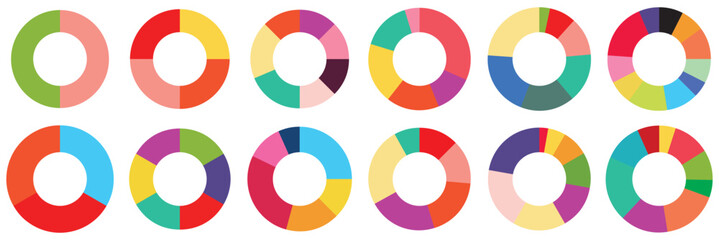 Pie charts diagrams. Different color circles isolated. Infographic element round shape. Vector