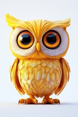 Naklejka premium A 3D illustration of a fluffy cartoon owl with large orange eyes and soft yellow feathers, standing upright with a curious and adorable expression