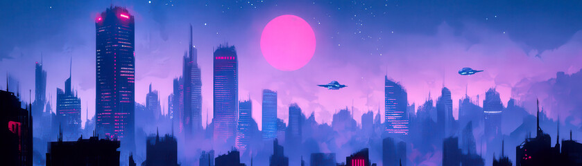 Fototapeta premium Futuristic city skyline at dusk with vibrant colors, including skyscrapers silhouetted against a pink and purple sky, creating a stunning atmosphere of urban beauty.