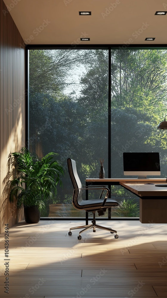 Poster a modern workspace with a computer monitor on a white desk.