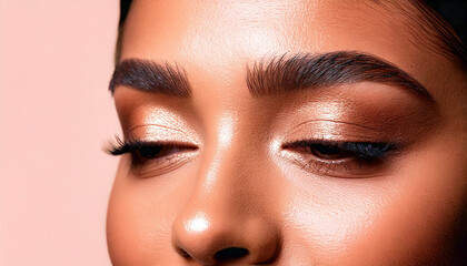 Closeup of neat perfect eyebrows on a young adult diverse ethnicity, Black woman’s face, professional beauty salon setting - beauty and cosmetic treatment theme a plain neutral background