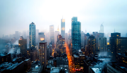 Obraz premium Aerial view of a foggy city skyline with towering buildings, illuminated streets, and a vibrant urban atmosphere