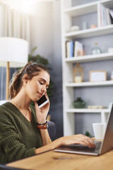 Girl, laptop and typing with phone call in home for communication, university news and application results. Student, person and consulting contact with tech for conversation and discussion in house