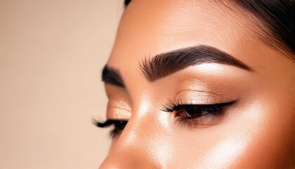 Closeup of neat perfect eyebrows and natural makeup on a young adult diverse ethnicity woman’s face, professional beauty salon setting - beauty and cosmetic treatment theme a plain neutral background
