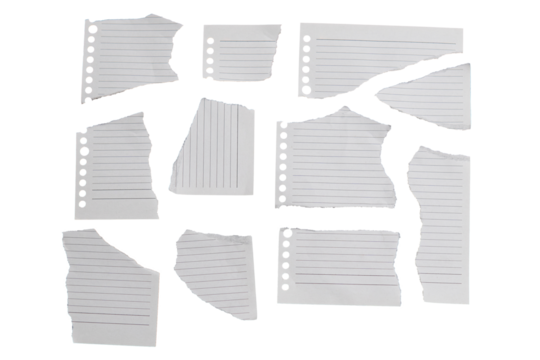 set of paper torn , ripped pieces of white grid paper.