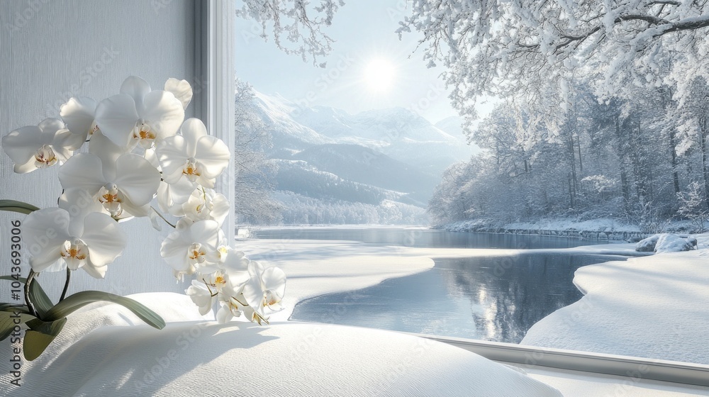 Poster a window view of a snowy landscape with a white flower in a vase