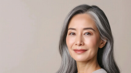 Fototapeta premium Graceful Aging of a Smiling Asian Woman, showcasing smooth skin and long gray hair, embodying beauty and confidence in her mature years through self-care and positivity