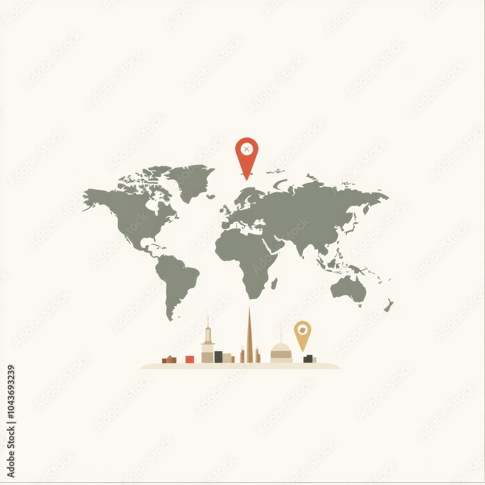 Leinwandbilder the illustration highlights key global travel destinations using map pins on a minimalist world map 