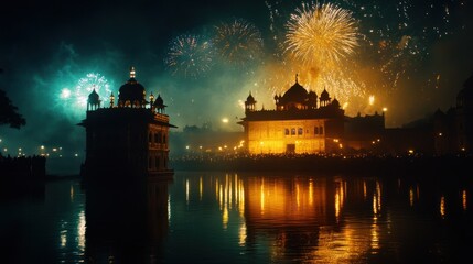 Grand Temple Silhouette Against Diwali Fireworks and River Reflections