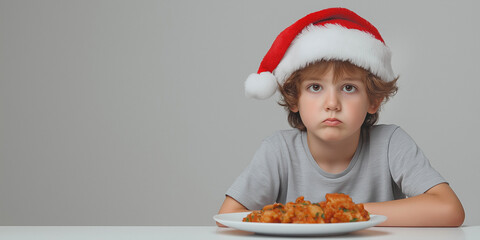 A cute boy of European appearance in a Santa hat sits near a plate of food on a light background. Nutrition concept. Advertising banner