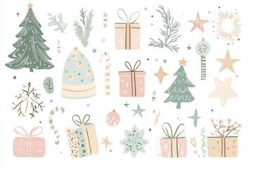 Stylish Hand-drawn Christmas Elements Clip Art Set with Cute Doodle Shapes in Pastel Pink, Green, and Beige on White Background