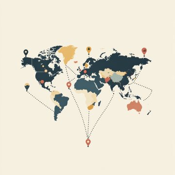 world map with location pins and dotted lines clip art preview
