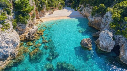 Obraz premium Secluded Beach Oasis, aerial view of untouched shoreline, sparkling turquoise waters, surrounded by lush greenery and serene atmosphere